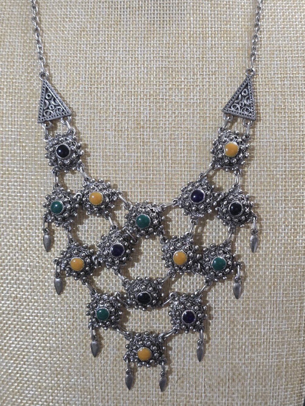 Berber Kabyle Style Silver Tone & Enamel Statement Bib Necklace